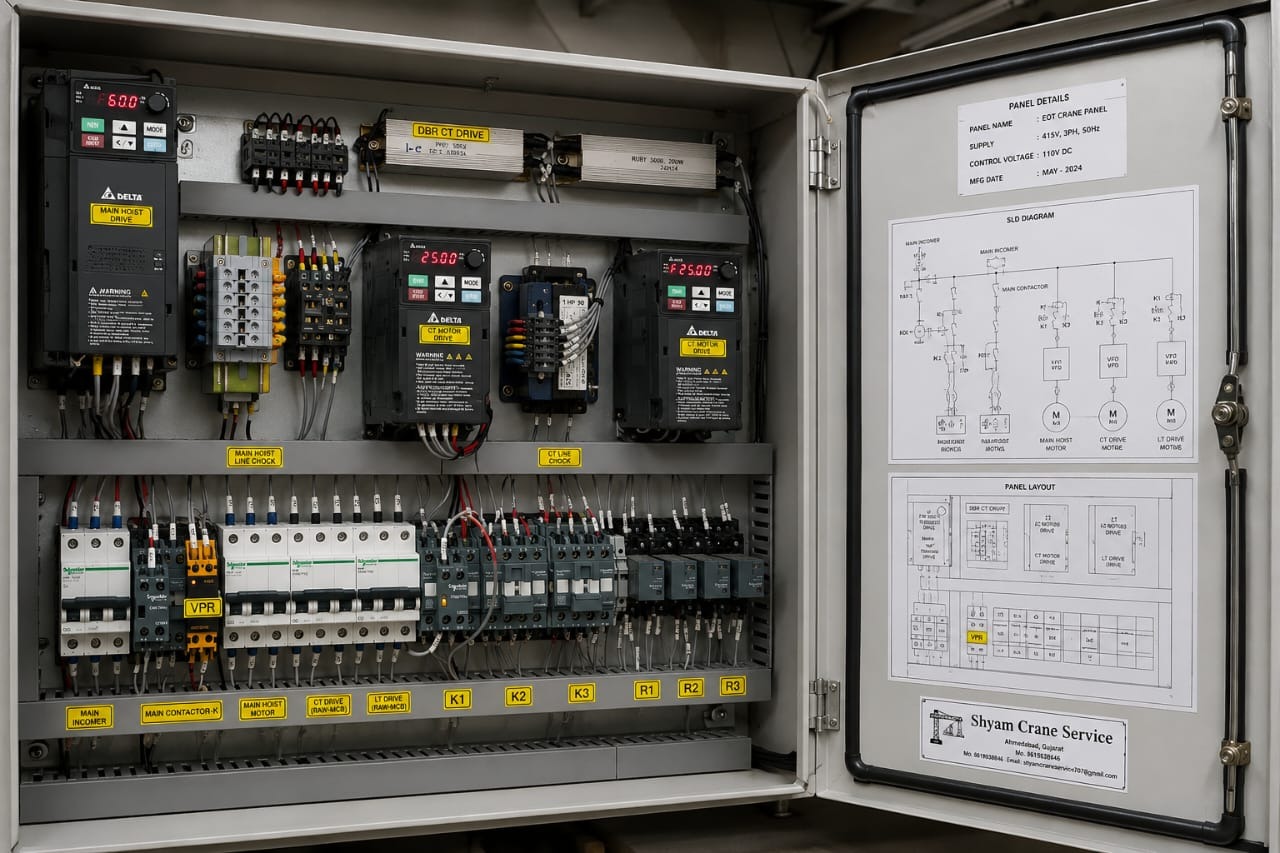 Shyam Crane Service electrical control panel with VFD drives, contactors and wiring